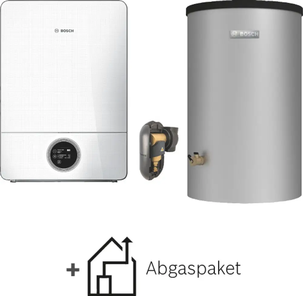 Gastherme von Bosch, kombiniert mit einem Abgasventil und einem silbernen Warmwasserspeicher. Alle Elemente dienen der Heizungs- und Warmwasserbereitung.